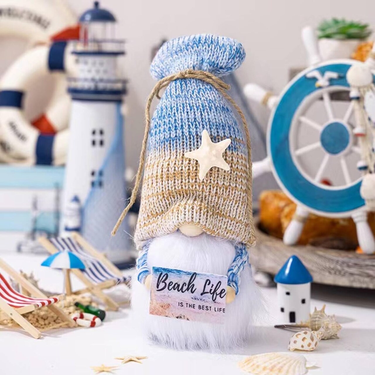 Summer Gnomes Decorations for Home,Beach Gnome Plush Ocean Theme Decoration Gifts for Women, Gnomes Tiered Tray Decor Summer Beach Elf Ornaments Birthday Decorations(White)